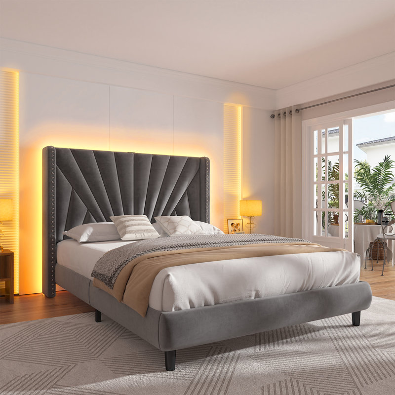 Bed Frame With 51"High Velvet Upholstered  Wingback Headboard, Platform Bed With Charging Station And Led Lights, Gray, King