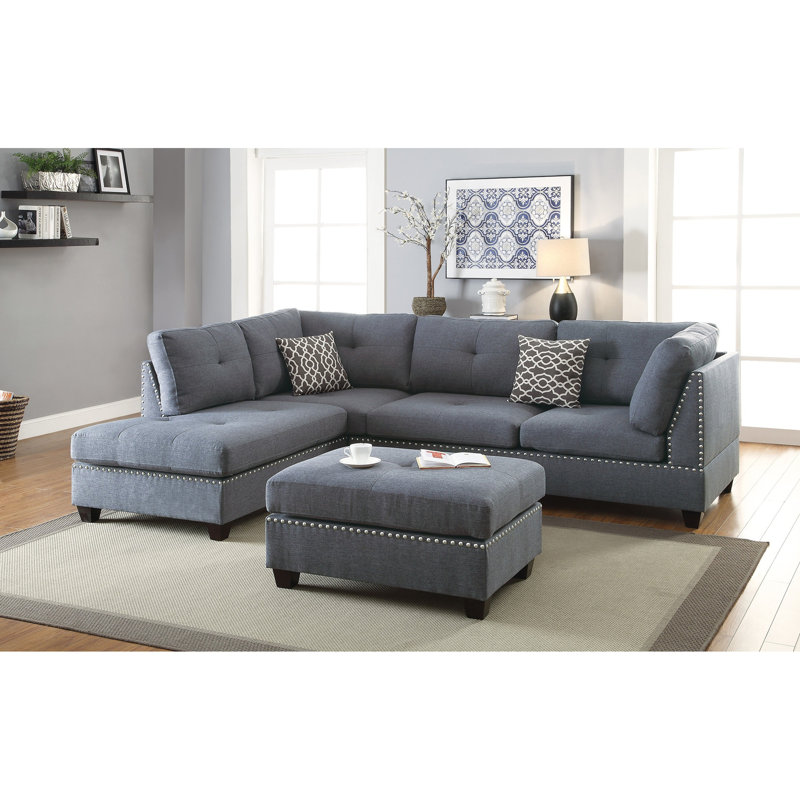 3 pièces Canapé modulaire avec coussins réversibles, Tissu gris clair / bleu