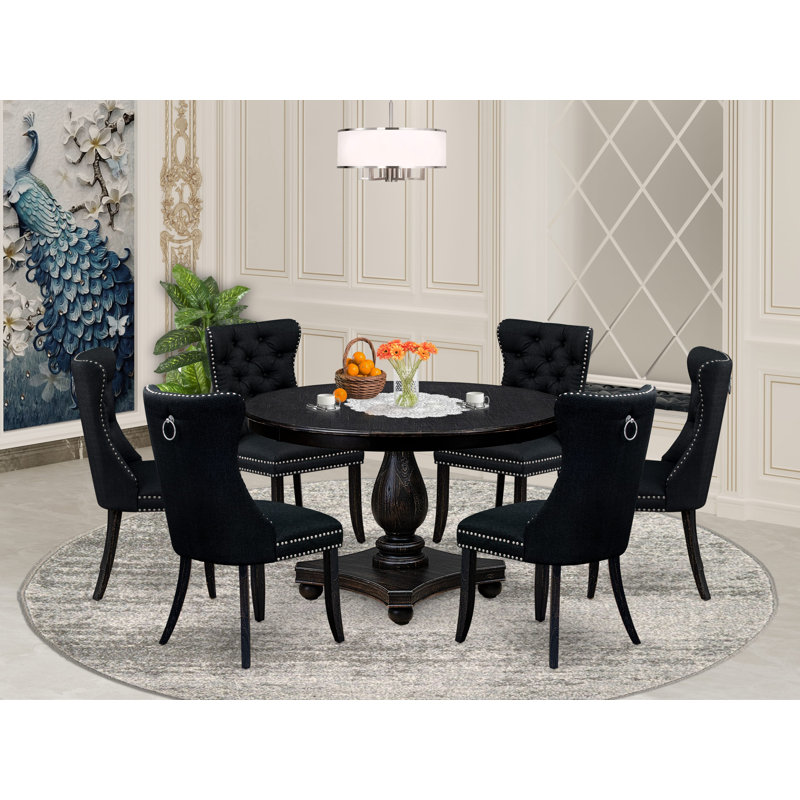 7 Piece Kitchen Table Set Consists of a 48" Round Table with Pedestal and 6 Black Polyester Fabric Upholstered Chairs, Sand Blasted Black