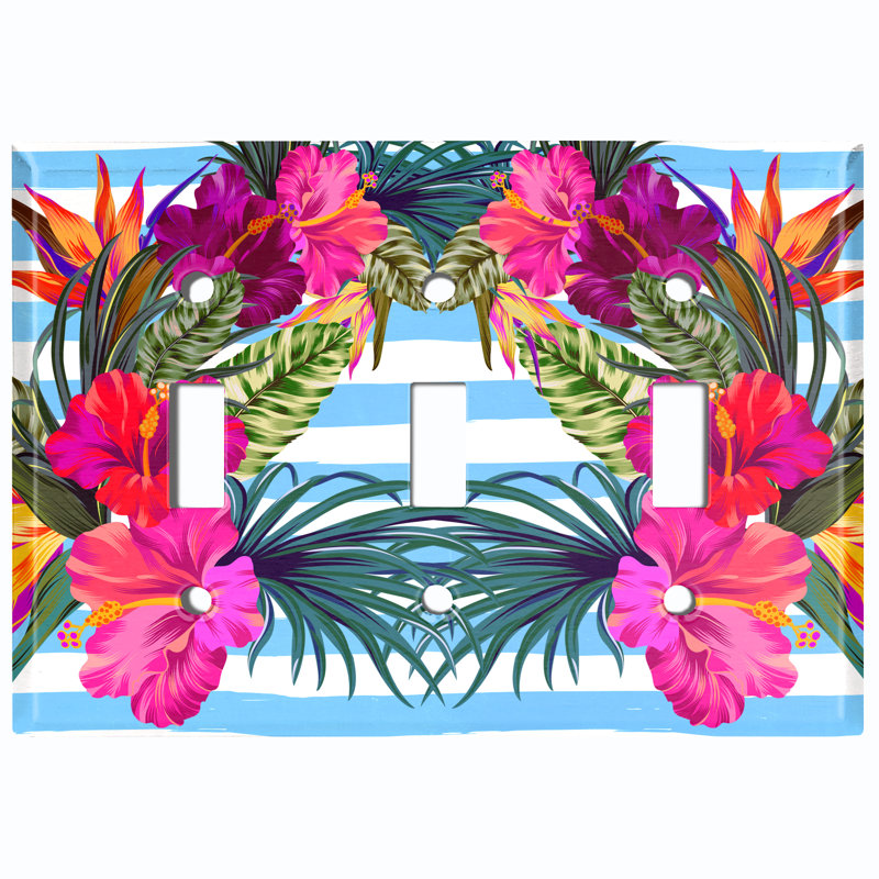 Metal Light Switch Plate Outlet Cover (Colourful Flowers Wreath Stripes   - Single Toggle), Blue/White