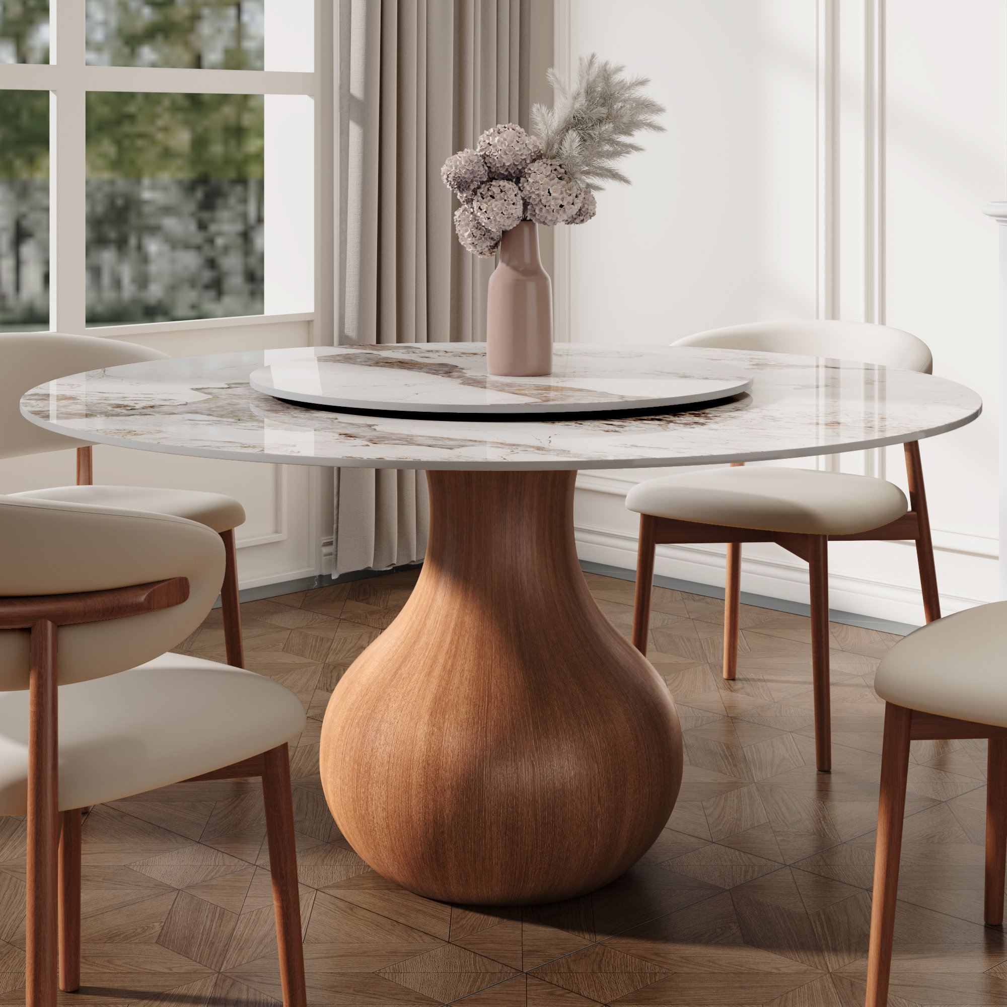 Mid-Century Modern Farmhouse Round Sintered Stone Pedestal Dining Table with Lazy Susan for 4/6/8/10 Wrought Studio Table Top Color: White Size: 29.53, image size:2000x2000
