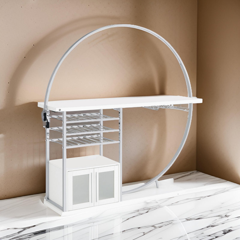 Riya White and Chrome Home Bar Table with LED Lighting and Storage
