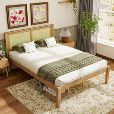 Queen Solid Wood Platform Bed with Rattan Headboard, Farmhouse Boho Bed Frame, Under Bed Storage