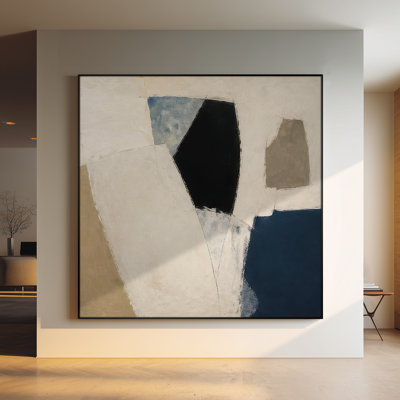Extra Large Wall Art Fabric Print - Minimal Abstract Shapes in White Blue and Black for Living Room or Bedroom - "Frame Assembly Required (Unfinished Frame)"