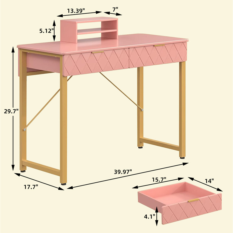 Karlskrona 39.4"W Computer Desk with Drawers, Pink
