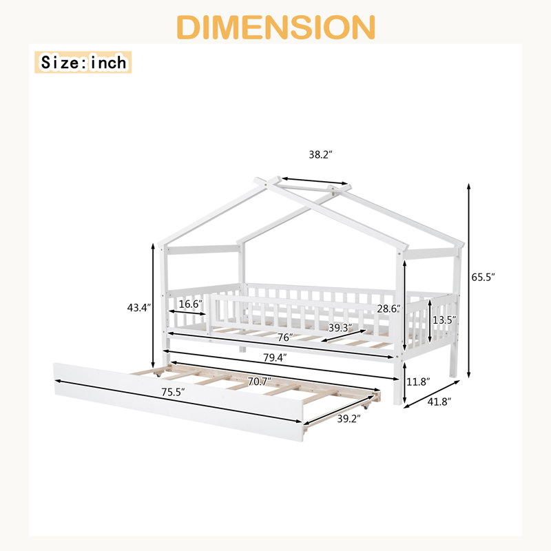 Lit en bois avec lit gigogne simple, Lit simple, Blanc