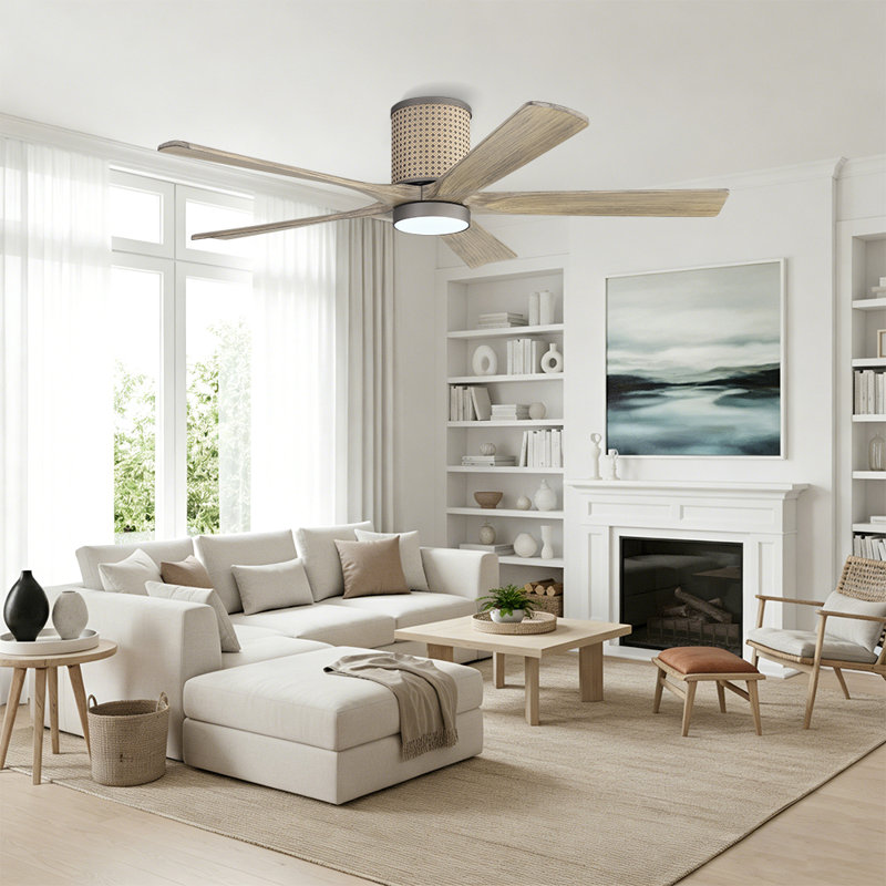 54 po Ventilateur de plafond encastré en rotin avec 5 pales, Gris, Gris
