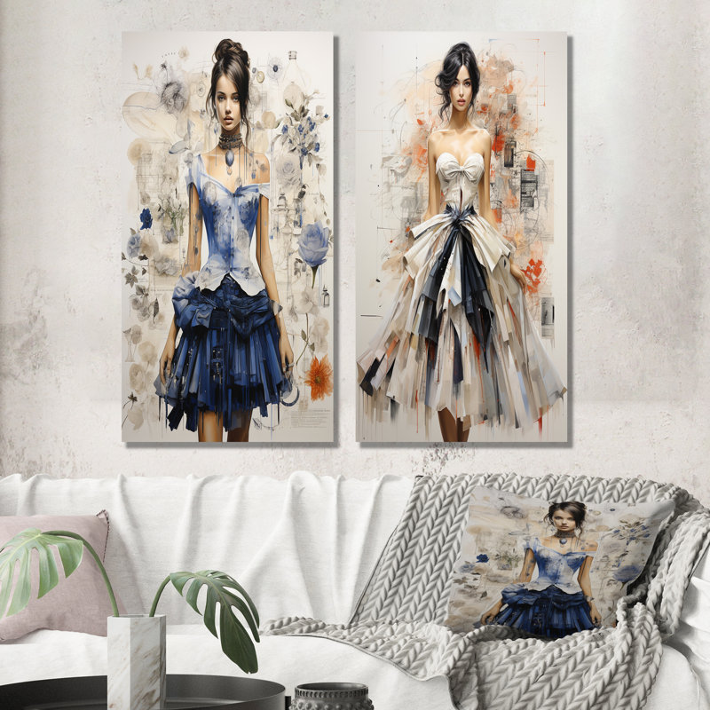Dessin de robe haute couture - ensemble de salon art mural femme, Toile tendue, H 28 po x l 25 po
