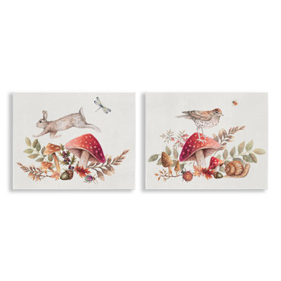 "Woodland Bird Rabbit Mushroom", ensemble de 2 plaques murales par Janice Gaynor