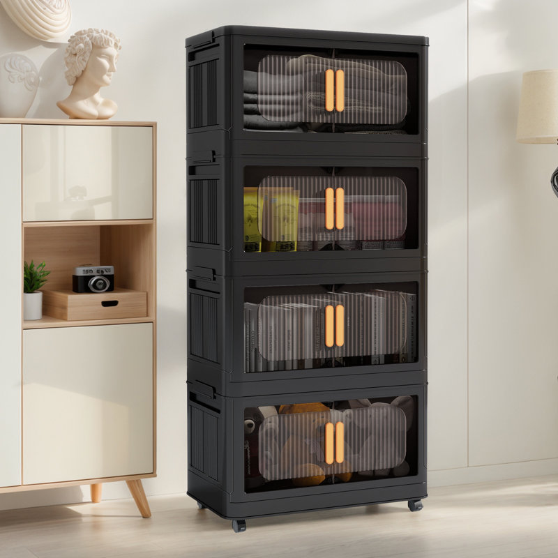Bacs de rangement empilables et pliables avec couvercles et roulettes, Noir, noir, noir, noir, 124