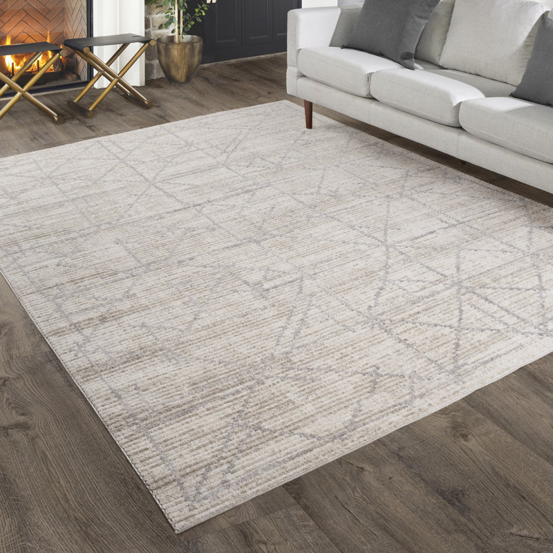 Tapis d'intérieur en polyester à motif géométrique moderne ivoire / gris Oraya, Rectangle 6 pi 6 po x 9 pi