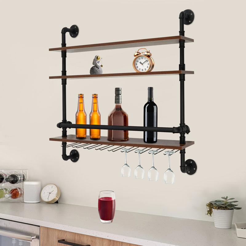 Rustic Wall Mounted Wine Rack Bottle Glass Storage Holder Shelf For Home Bar, 35" H x 36" W x 7.8" D