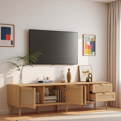 Modern Tv Stand With Rattan Doors, 2 Drawers, 3 Storage Cabinets And Cable Holes
