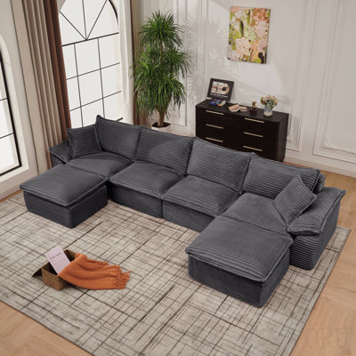 Canapé modulaire de 144 po - Canapé en U surdimensionné en velours côtelé avec repose-pieds mobile, confortable, moderne et sans assemblage