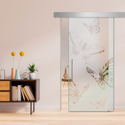  Frosted Glass Sliding Barn Door with Dryer Tree Design + Hardware Kit (Semi-Private)