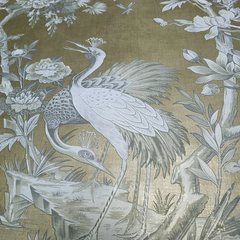 Gold Foil Metallic Gray Chinoiserie Blooming Peonies Branches Cranes Wallpaper, Twilight