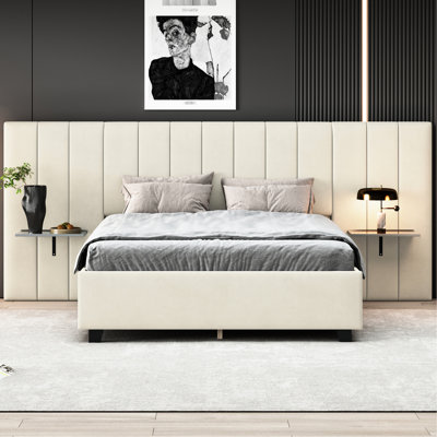 Mobilier de chambre à coucher beige: grand lit plateforme tapissier avec tête de lit grande taille et tablettes, mobilier, velours, beige, style confortable