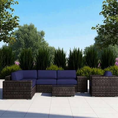 Canapé modulaire d'extérieur pour 5 avec structure, 13 coussins en mousse à cellules ouvertes, table en verre, couleur sans assemblage, 5 confortables chaises réversibles brunes, chaise longue, assemblage requis, pinces emboîtables,