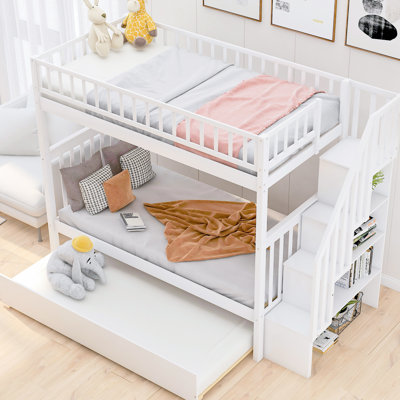 Twin Over Bunk Bed With Trundle & Storage In White - Pine, 8-10'' Mattress For Down And 65.7'' High Product Dimension