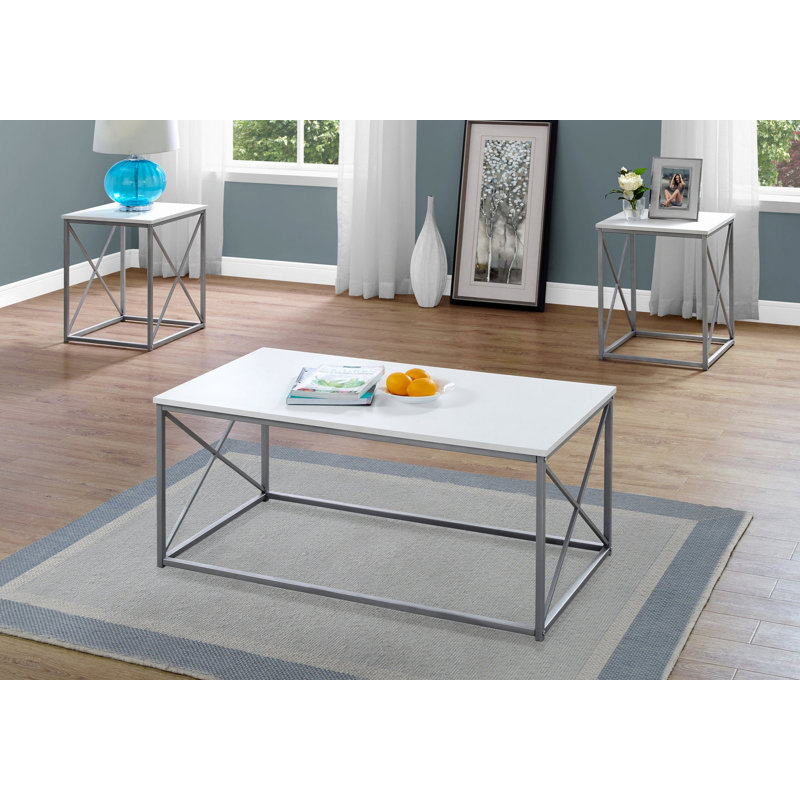 Ensemble de table, table basse avec table de bout et structure en métal, Blanc / Gris