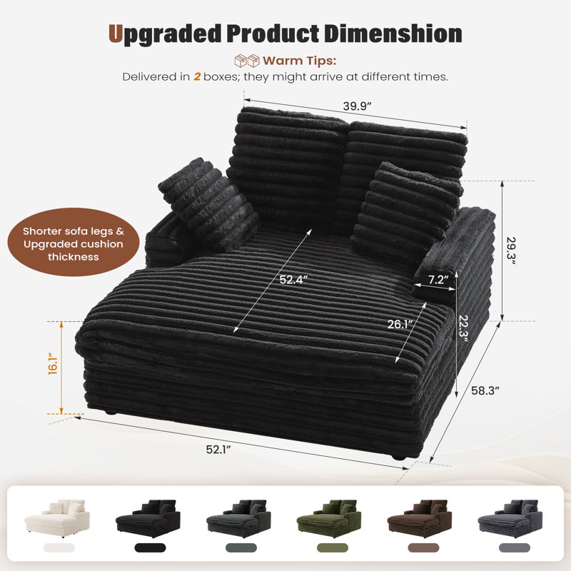 Chaise longue rembourrée 59 po, canapé-lit surdimensionné en peluche avec 4 coussins pour le salon - Noir de jais