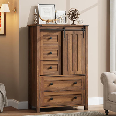 5-Drawer Farmhouse Tall Dresser with Sliding Barn Door, Wood Storage Chest for Bedroom, Living Room