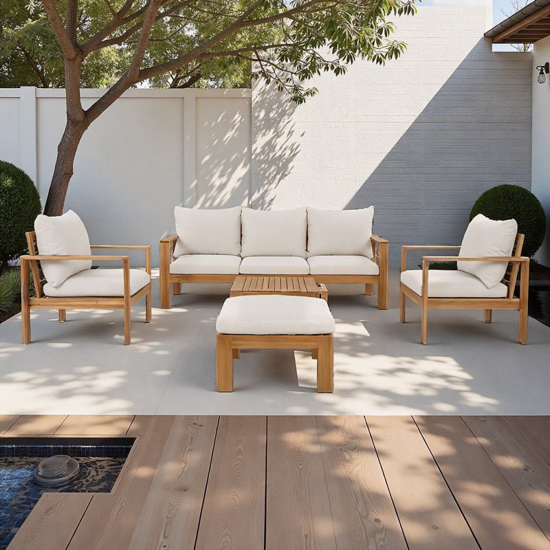 Ensemble de patio modulaire d'extérieur en bois d'acacia de 5 pièces Timberlane, ensemble de conversation avec canapé, fauteuil, table basse et 2 repose-pieds, coussins hydrofuges, conception transitionnelle pour terrasse