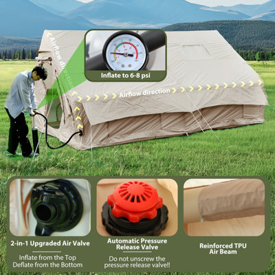 Waterproof Inflatable Camping & Glamping Tent with Pump, Chimney Opening, Quick-Setup Air Valve System (129SF)