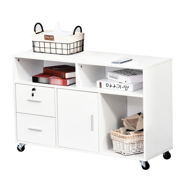 Support d'imprimante pour bureau personnel - Organisateur d'armoire mobile blanc avec 2 casiers verrouillables, un tiroir et des stylos à roulettes, 3 roulettes de rangement, 3 tablettes