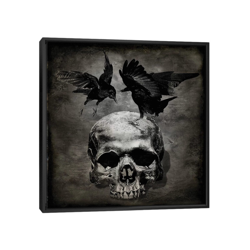 «Skull with Crows», impression sur toile, H 18 po x l 18 po x P 1,5 po, Toile avec cadre noir, Pas de tapis