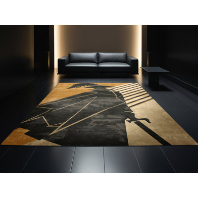 Tapis moelleux rétro en mousquetaire à motif géométrique noir Dunmire
