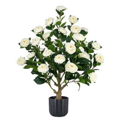 Camélias artificiels en pot 34 po, fleurs artificielles blanches, pour porche, patio, vestibule et décoration intérieure, intérieur et extérieur, fleurs en soie et en PE, pots prêts à exposer
