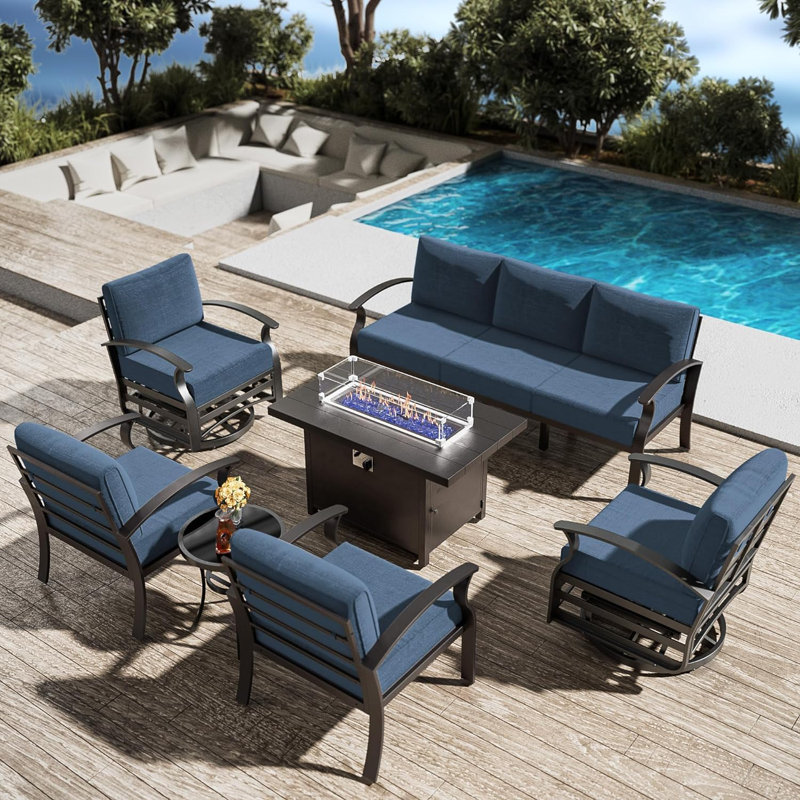 6-Piece Outdoor Patio  Furniture Aluminum Conversation Set Swivel&Glider Armchair With LP Fire Pit Table, Navy