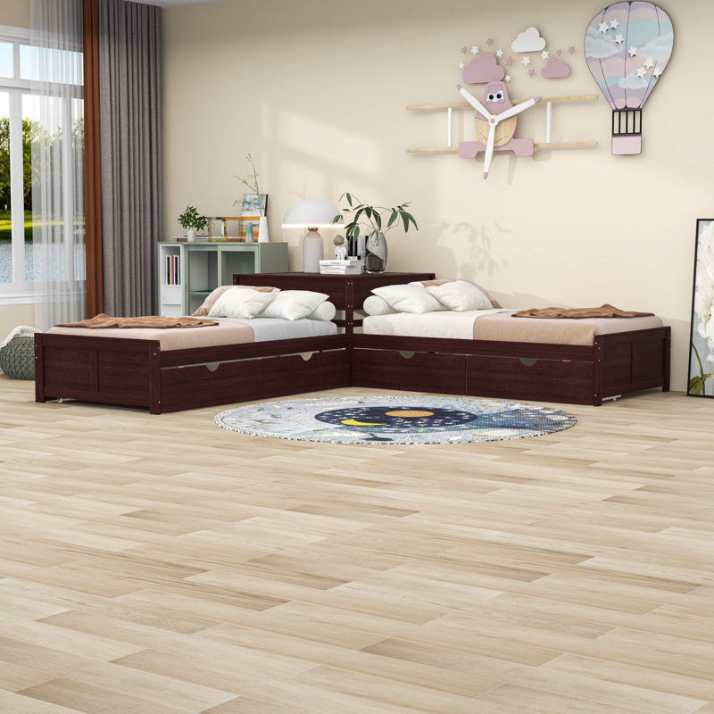 Twin Size L-Shaped Platform Bed with Trundle and Two Drawers, Espresso