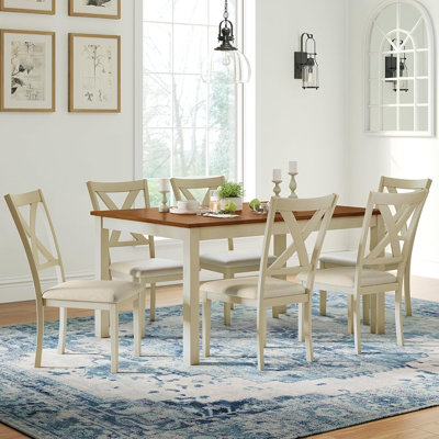 Farmhouse Solid Wood Dining Table Set With 6 Upholstered Chairs,rustic Cream