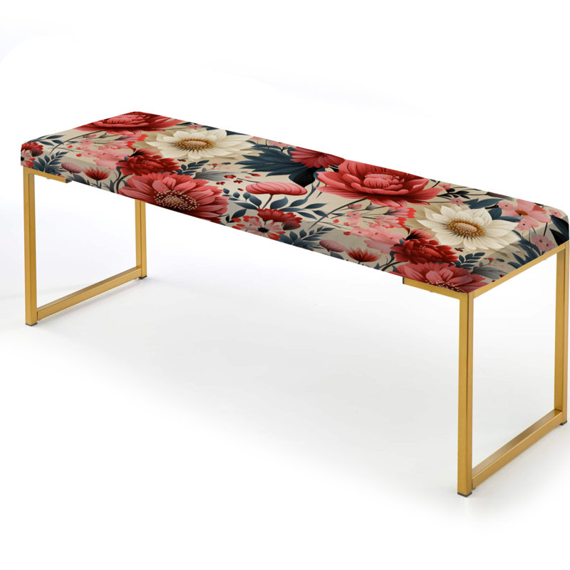 Upholstered Gold Bench, Ivory & Red Boho Chic Floral Pattern