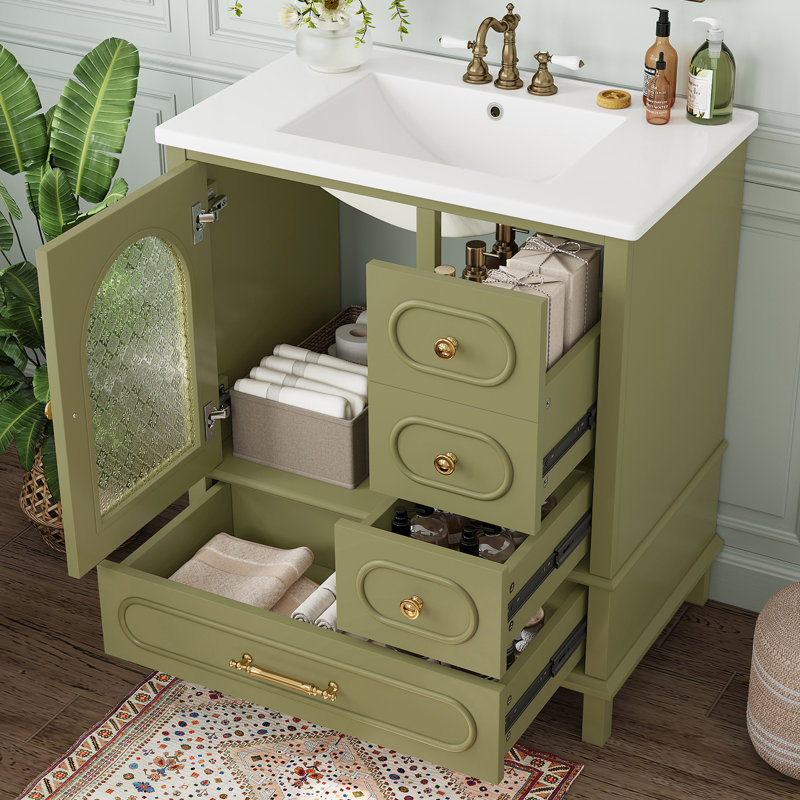 Meuble-lavabo autoportant avec lavabo et tiroirs, Vert