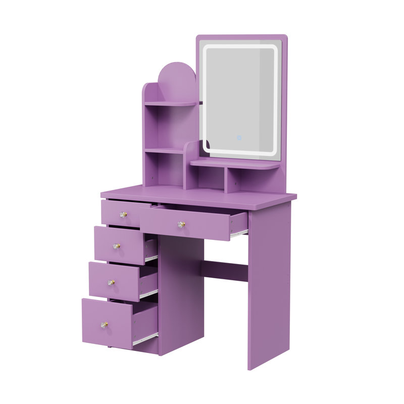 Bureau de coiffeuse mauve avec miroir lumineux, 5 tiroirs et tablettes de rangement, lumières DEL 3 couleurs, coiffeuse de chambre à coucher