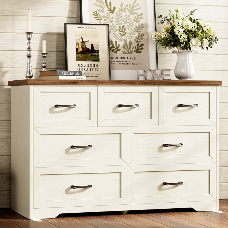Commode horizontale avec 7 tiroirs élégants rustiques, Brun / Blanc