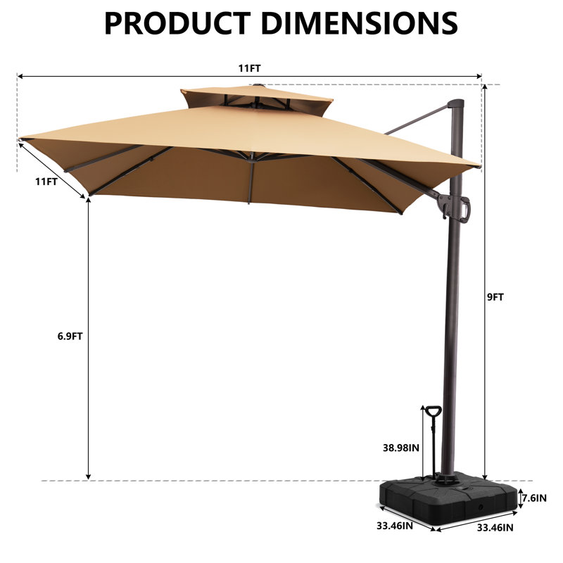 Parasol en porte-à-faux rectangulaire 11 'avec base lestée amovible, Tanné