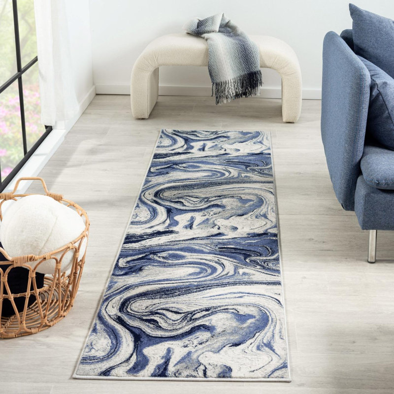 Tapis abstrait tourbillon de marbre, Tapis de couloir de 2 pi x 7 pi