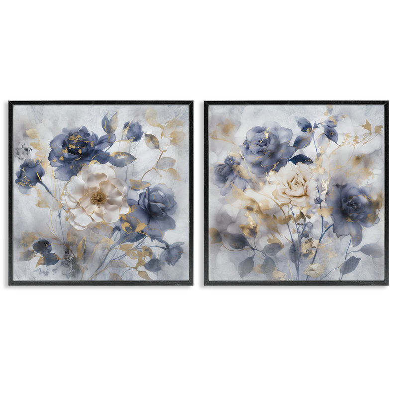 Ensemble de 2 estampes bleues encadrées bleues, design par Irene Weisz, H 12 po x l 24 po, Giclée encadrée noir minuit