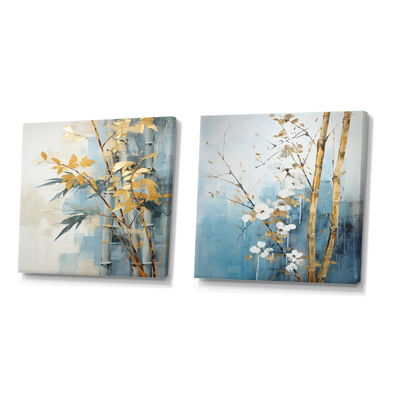 Ensemble de 2 collages carrés en bambou doré et bleu, Toile tendue, H 36 po x l 73 po