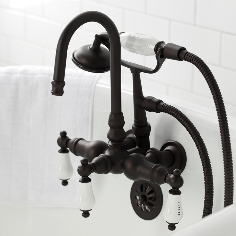 Kingston Brass Vintage Three-Handle 2-Hole Tub Wall Mount Clawfoot Tub Faucet with Hand Shower, Oil Rubbed Bronze