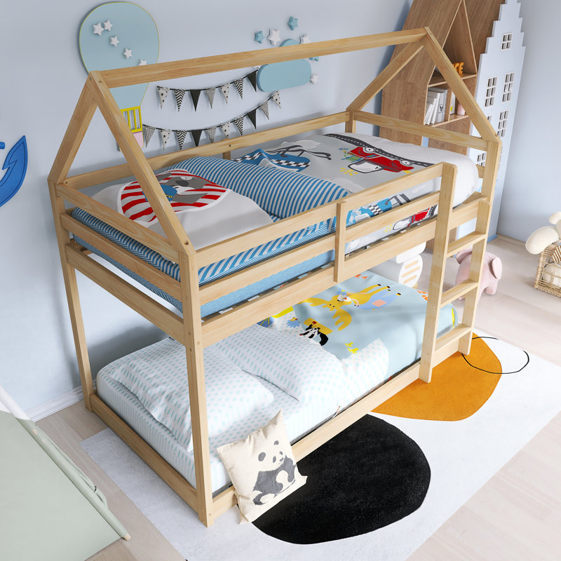 Wood Frame Twin Over Twin Size House-Shaped-Bunk Bed With Ladder,Guardrails, White Oak