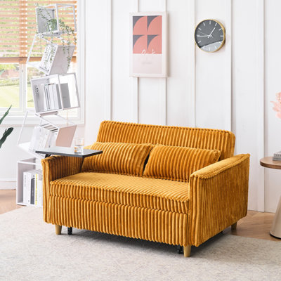 Dual - Purpose Yellow Corduroy With Movable Table And Charging, Rollers, Soft Throw Pillows, Convertible To Bed, Ideal For Home Use Functions, Work, Ports, Corduroy, Easy Assembly, Comfortable 2 In