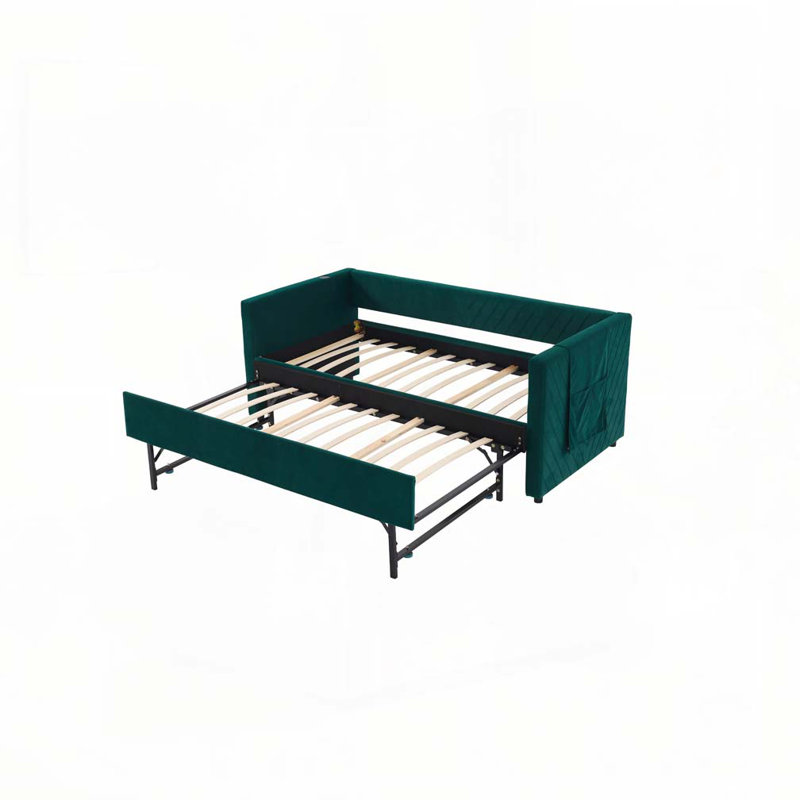 Upholstered Daybed with Trundle,USB Port ,Side Pockets, Emerald