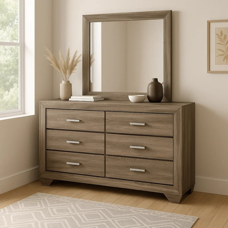 Commode large Bello avec miroir assorti, 6 tiroirs, bois taupe délavé, Bois taupe délavé