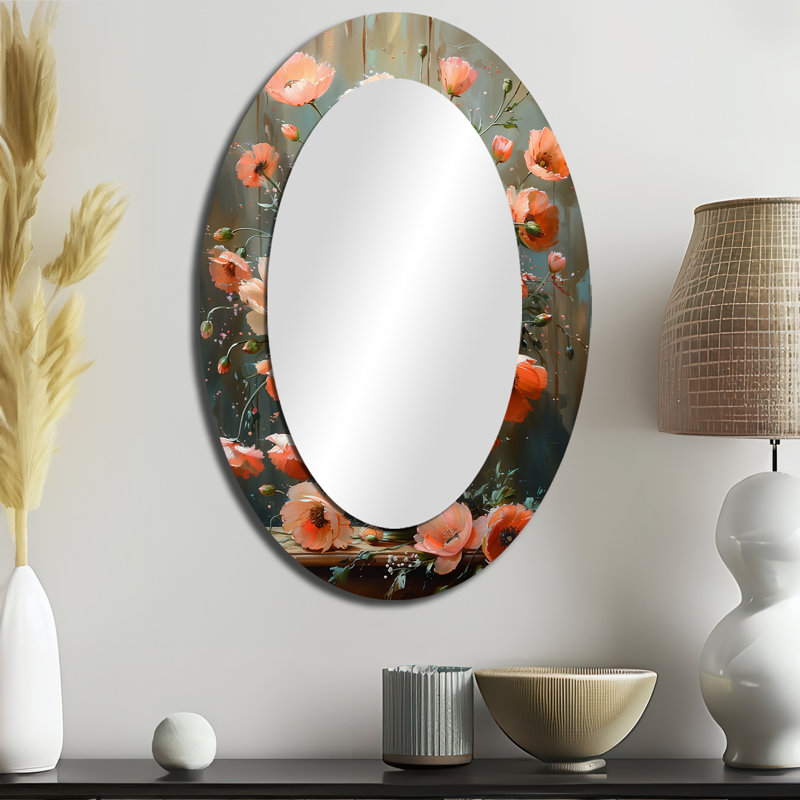 Pink Grey Poppies Flowers Still Life Charm III - Modern Oval Wall Mirror, 36" x 24"