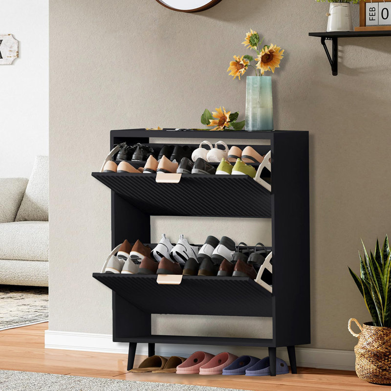 Slim Shoe Cabinet With Flip-Top Drawers, Black